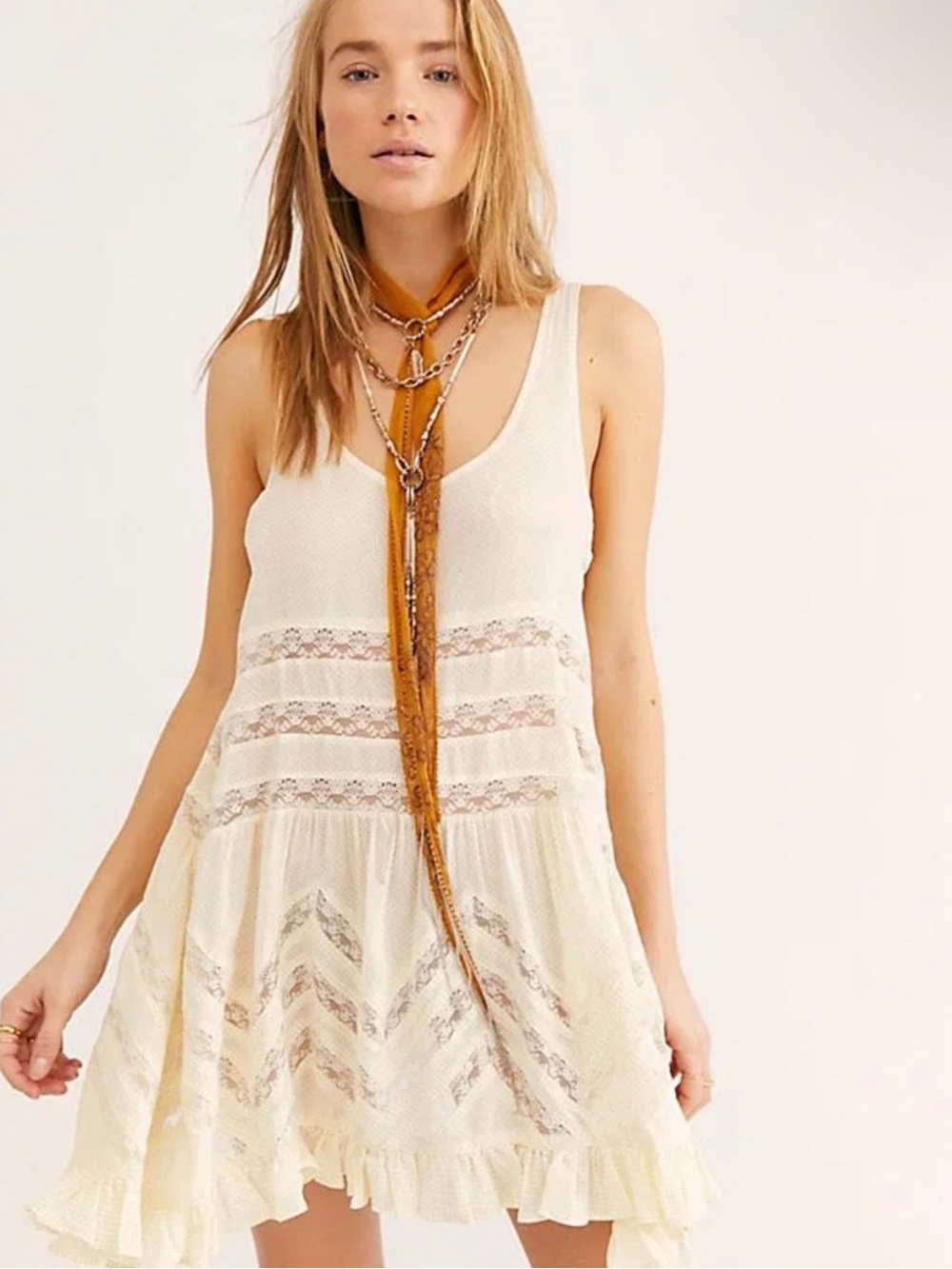 Intimately Free People Voile Trapeze Cream Lace Slip Dress
